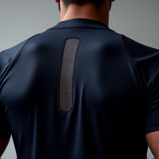 Close-up of AeroVent ventilation panels on the back of a training shirt.